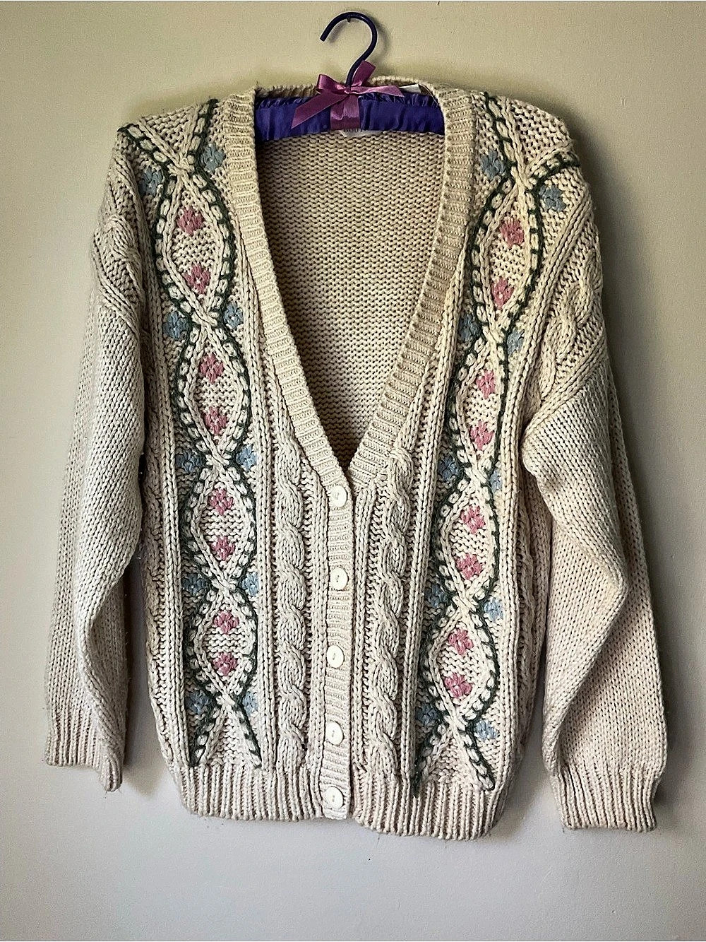 Vtg Knitters by Hand Floral Cable-Knit Cardigan in Cream Pink cottagecore fairy
